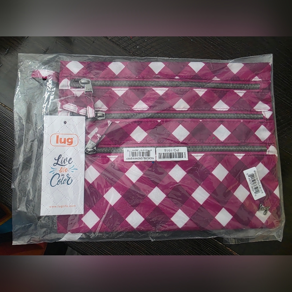 Lug Kickline Triple Zip Storage Pouch in the Gingham Berry color. Live In Color